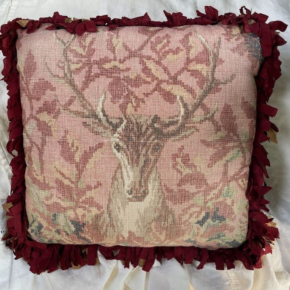 Vintage STAG PHEASANT Linen Feather Fill Throw PILLOW Rayon Ribbon Trim
